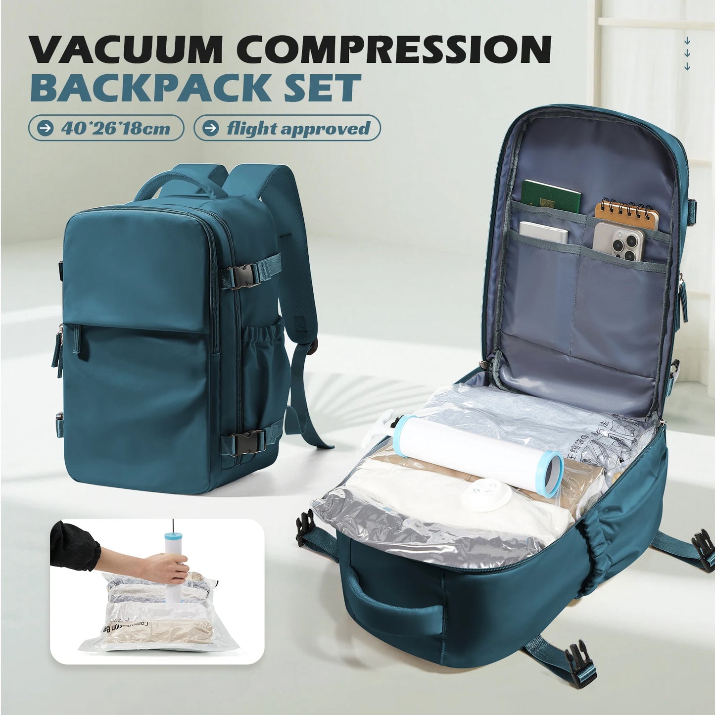 Air Vacuum Backpack,All-in-One Travel Backpack with Vacuum Storage Bags | Fits Ryanair Cabin 40x20x25cm