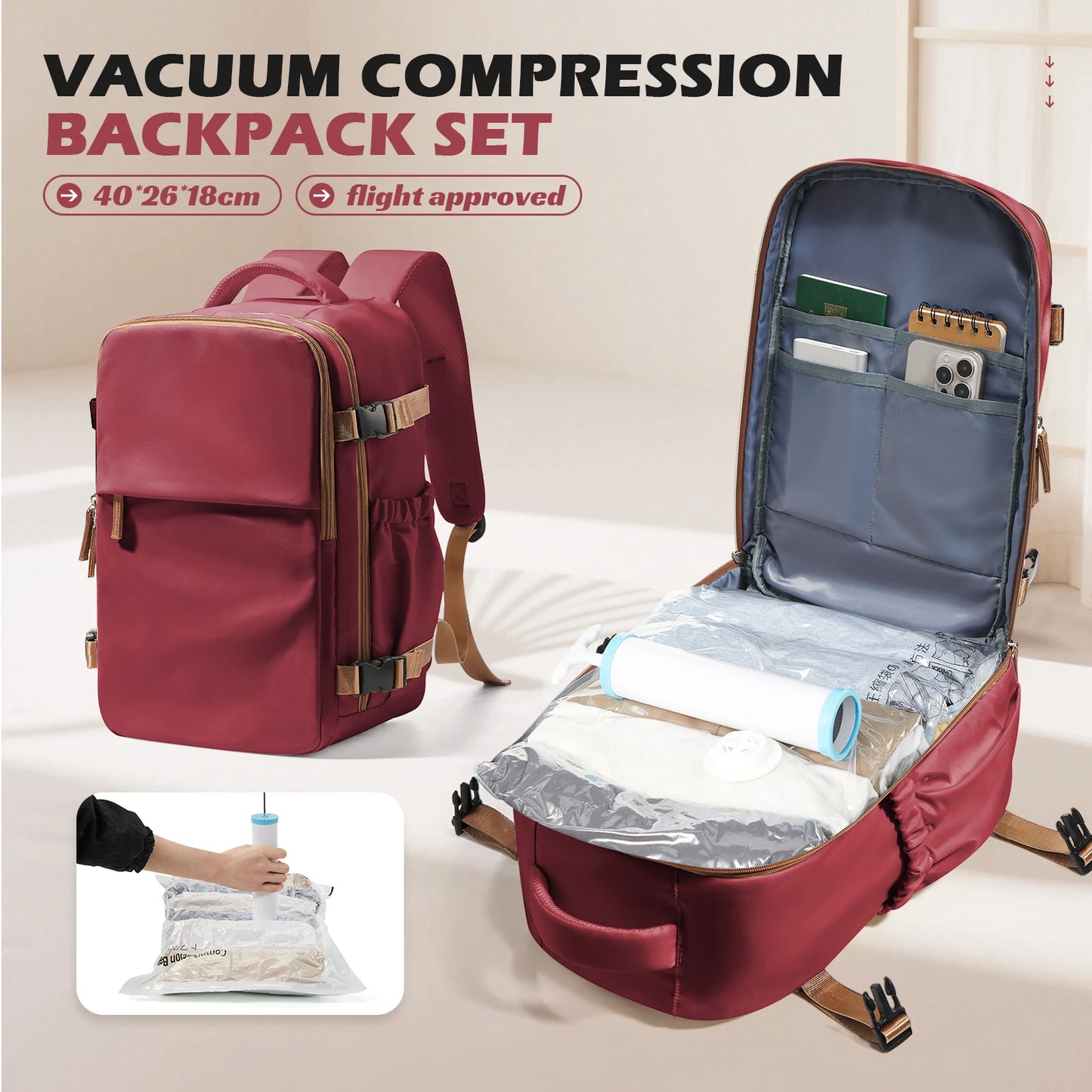 Air Vacuum Backpack,All-in-One Travel Backpack with Vacuum Storage Bags | Fits Ryanair Cabin 40x20x25cm