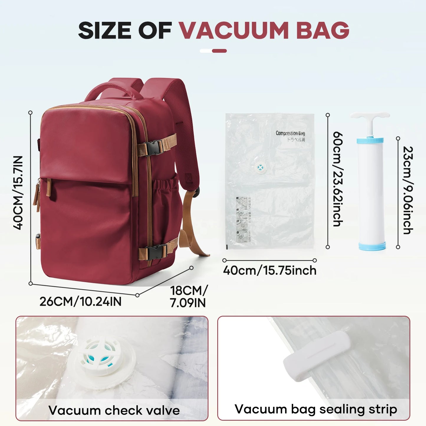 Air Vacuum Backpack,All-in-One Travel Backpack with Vacuum Storage Bags | Fits Ryanair Cabin 40x20x25cm
