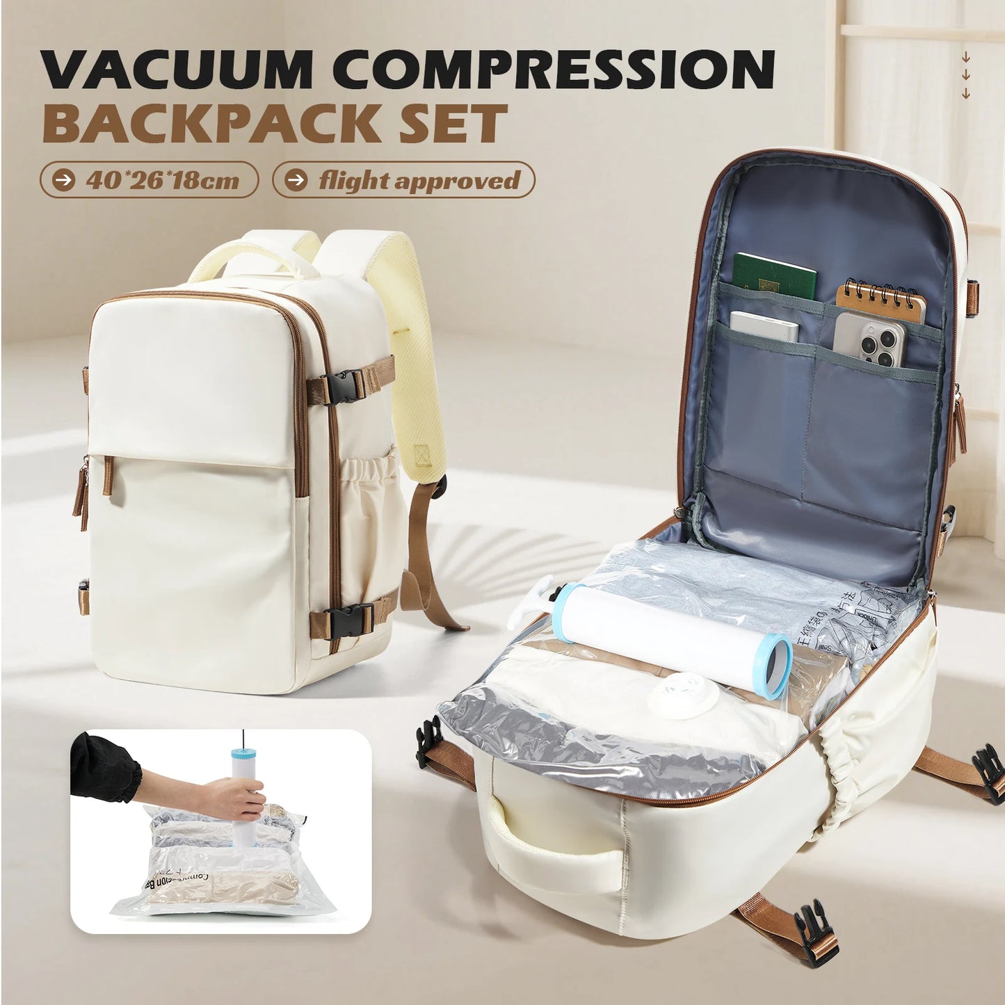 Air Vacuum Backpack,All-in-One Travel Backpack with Vacuum Storage Bags | Fits Ryanair Cabin 40x20x25cm