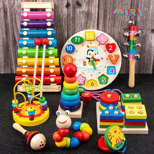 9-in-1 Montessori Wooden Musical Toy Set – Sensory Rattle, Drum & Bell Instruments for Early Toddler Learning