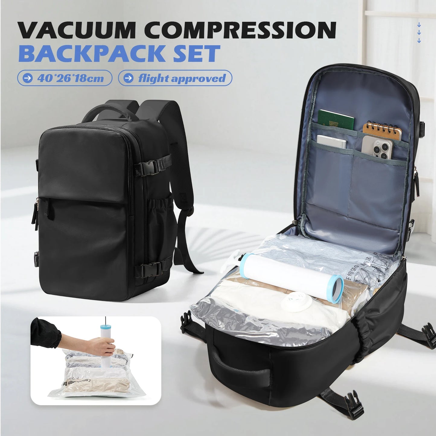 Air Vacuum Backpack,All-in-One Travel Backpack with Vacuum Storage Bags | Fits Ryanair Cabin 40x20x25cm