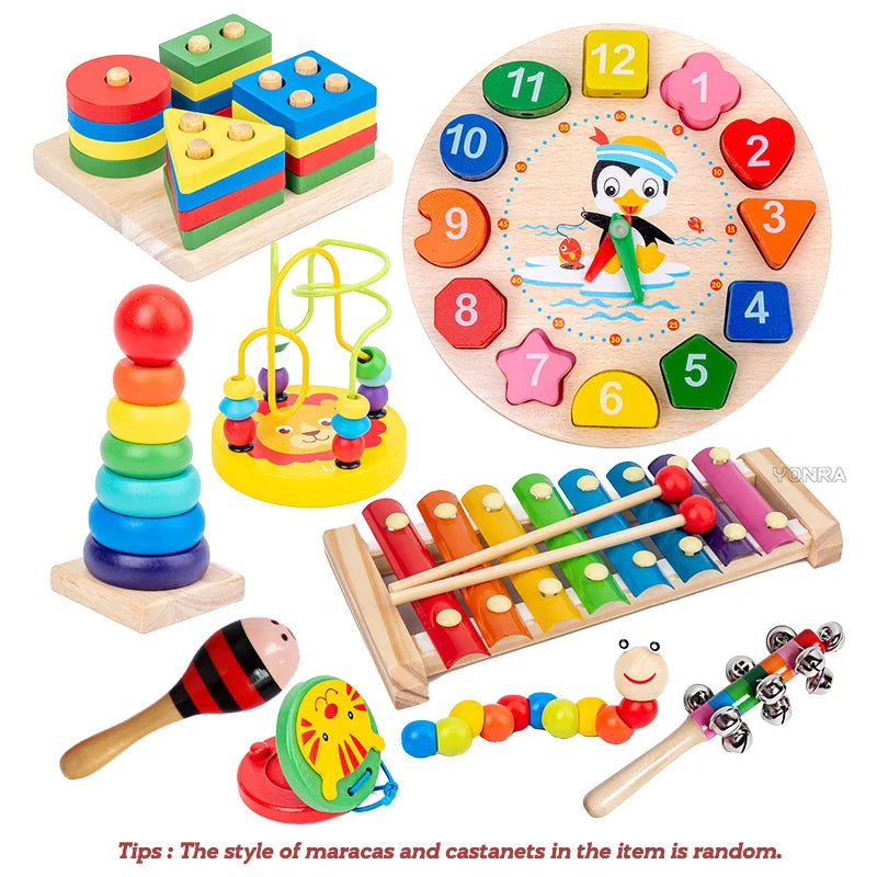 9-in-1 Montessori Wooden Musical Toy Set – Sensory Rattle, Drum & Bell Instruments for Early Toddler Learning